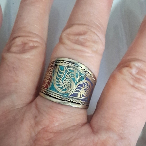 TURQUOISE INLAY RING ADUSTABLE 9-11 - Picture 2 of 7